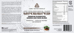 Core Nutritionals Greens scoop in shake highlighting probiotic blend and convenience.