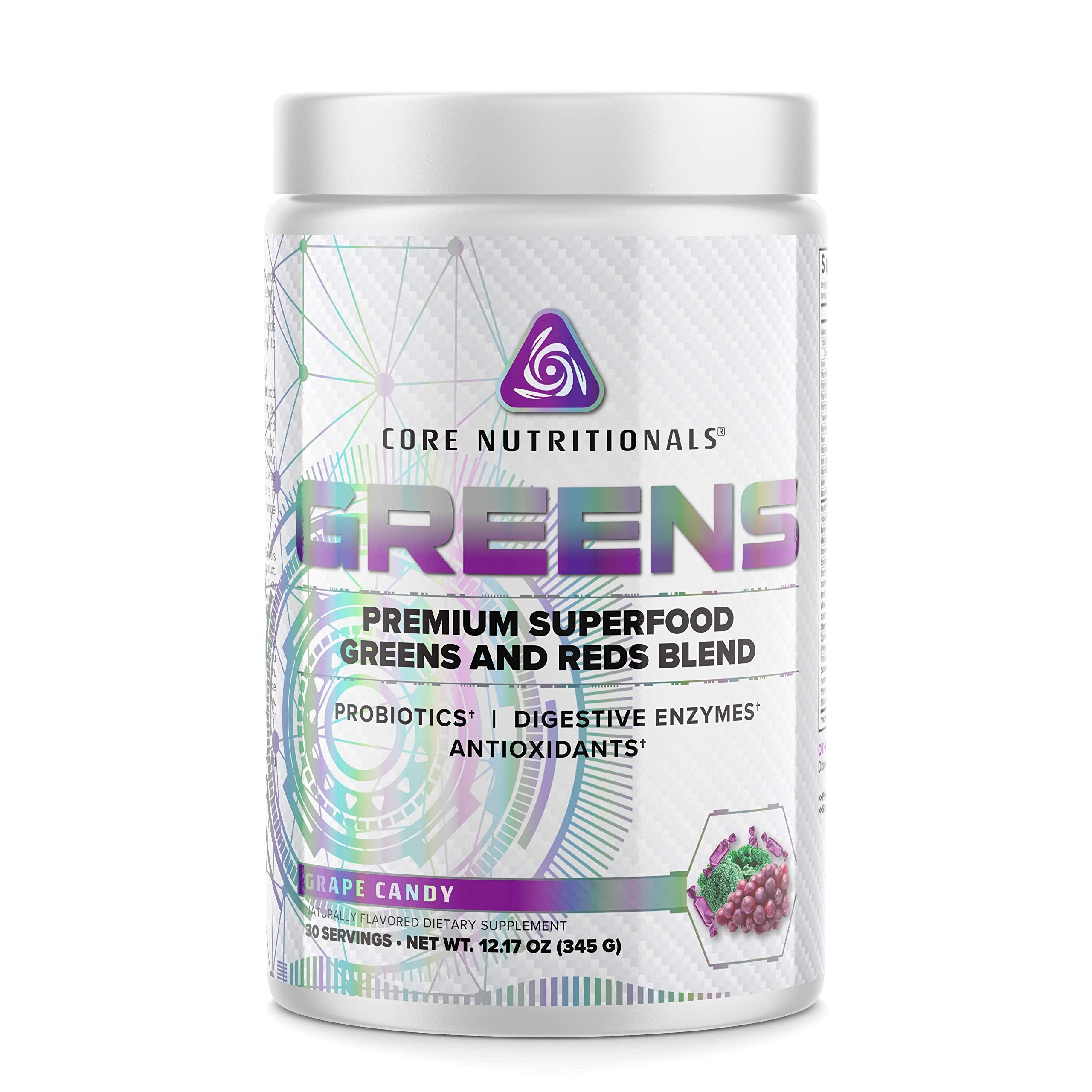 Core Nutritionals Greens tub front showing grape candy flavor for daily greens.
