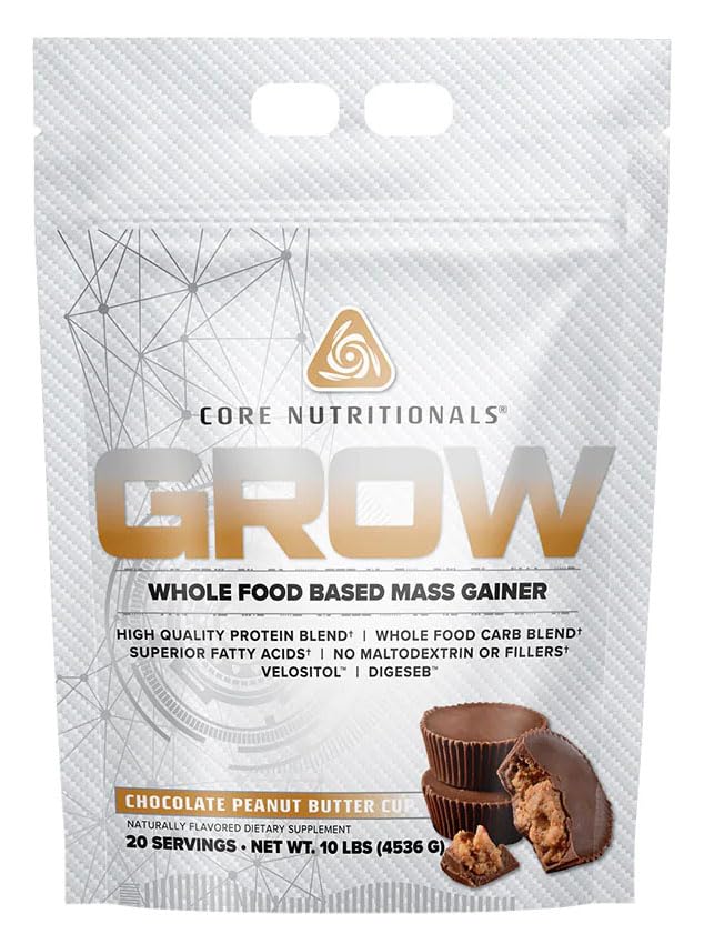 Core Nutritionals Grow Mass Gainer bottle front with chocolate peanut butter cup flavor for fueling.