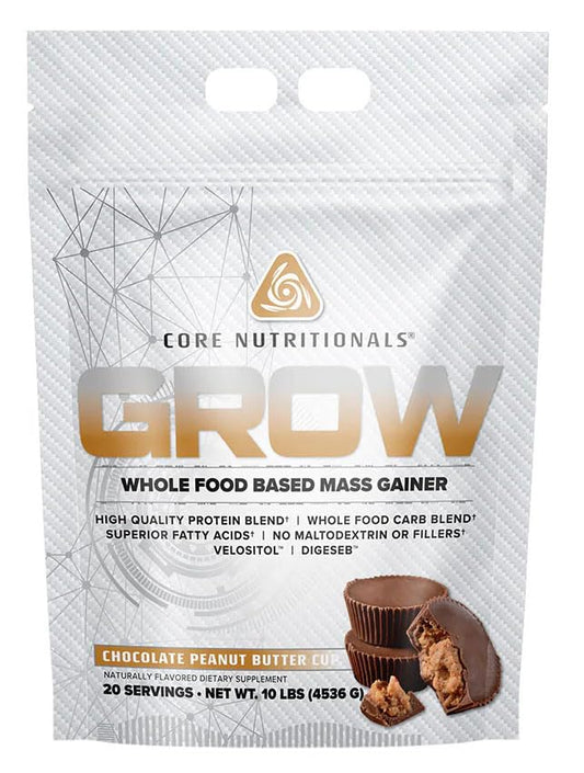 Core Nutritionals Grow Mass Gainer bottle front with chocolate peanut butter cup flavor for fueling.