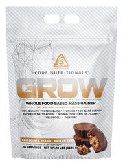 Core Nutritionals Grow Mass Gainer bottle front with chocolate peanut butter cup flavor for fueling.
