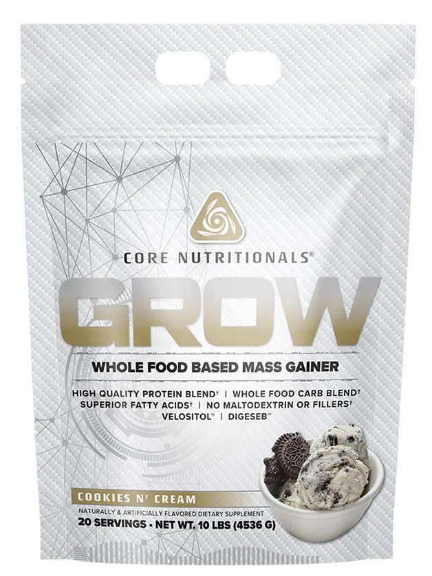 Core Nutritionals Grow Mass Gainer bottle front showing protein-packed formula for fueling workouts.
