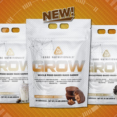 Grow Mass Gainer label highlights oat-based carbs and Velositol for balanced nutrition.