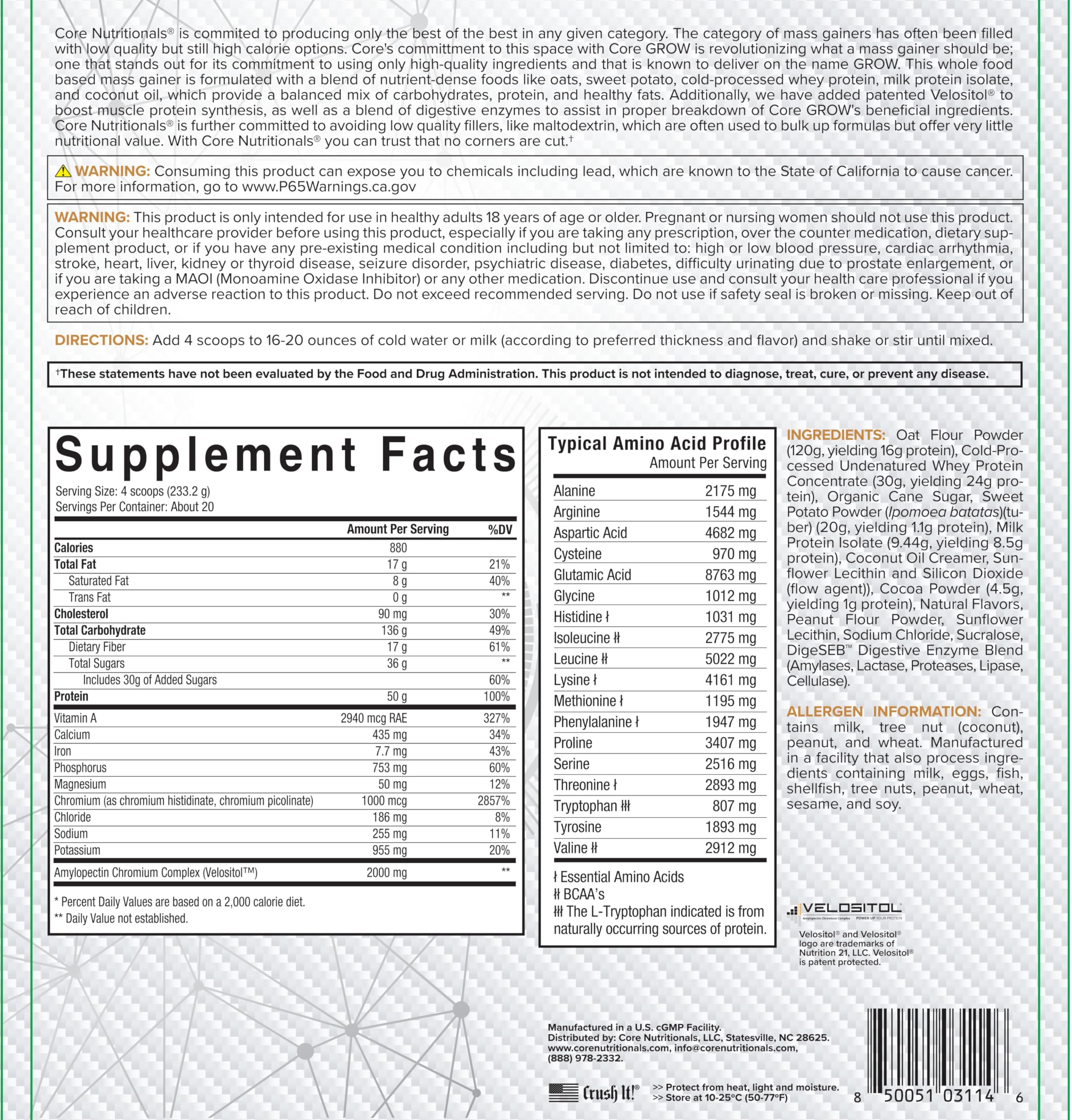 Close-up nutrition facts on Core Nutritionals Grow Mass Gainer package.