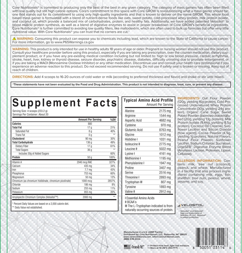Close-up nutrition facts on Core Nutritionals Grow Mass Gainer package.