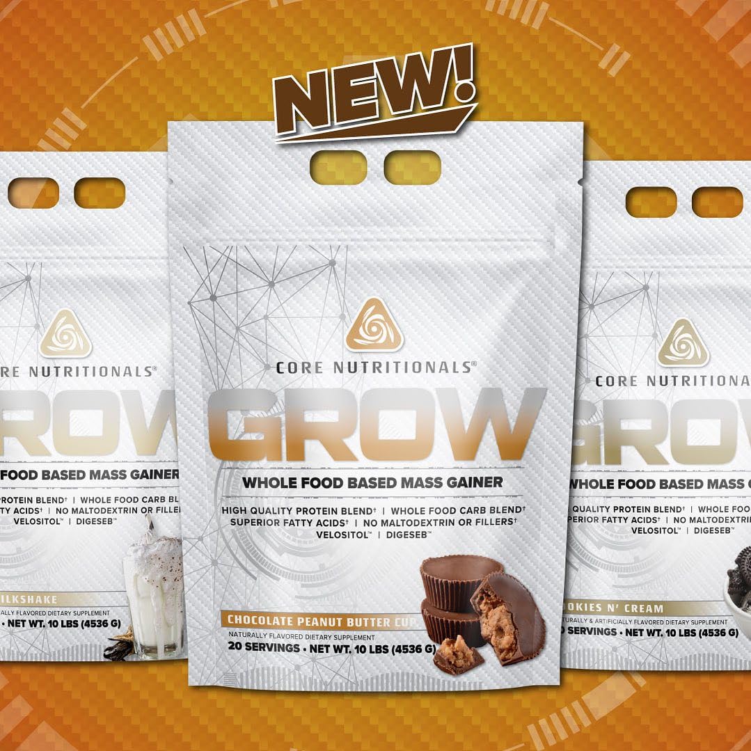 Core Nutritionals Grow Mass Gainer being poured into a glass for quick shakes.