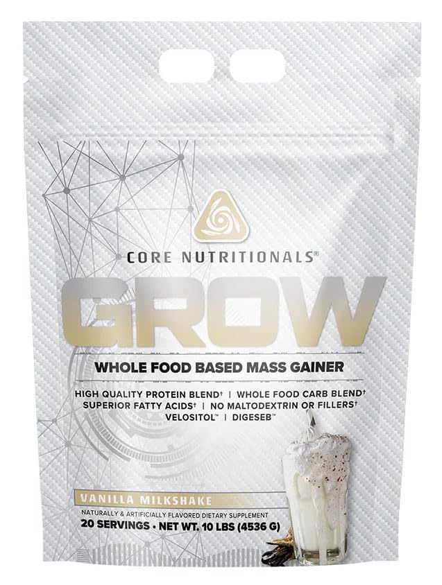 Core Nutritionals Grow Mass Gainer vanilla tub front for post-workout fueling.