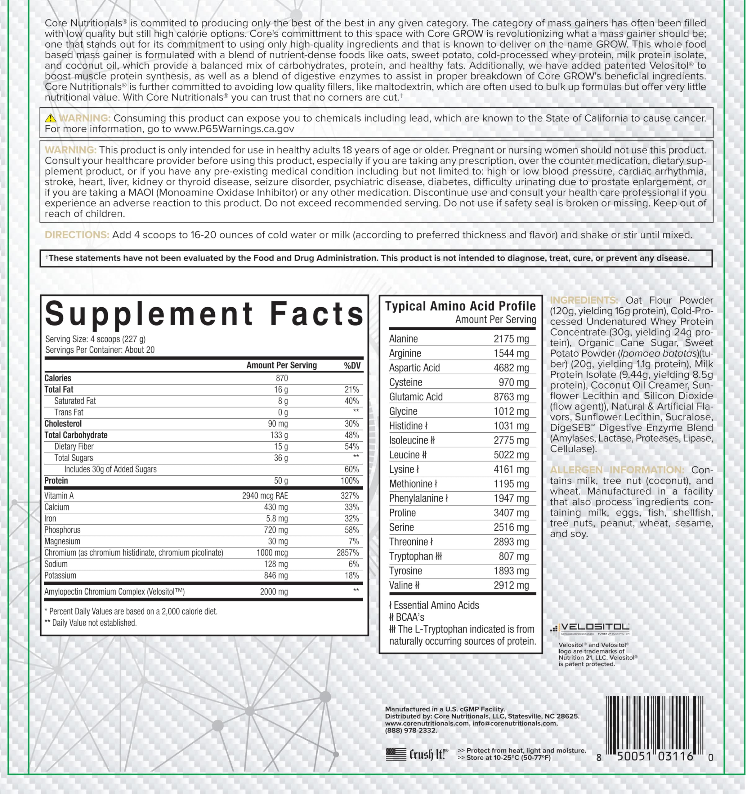 Velositol and enzyme blend label indicating digestion-friendly protein support.