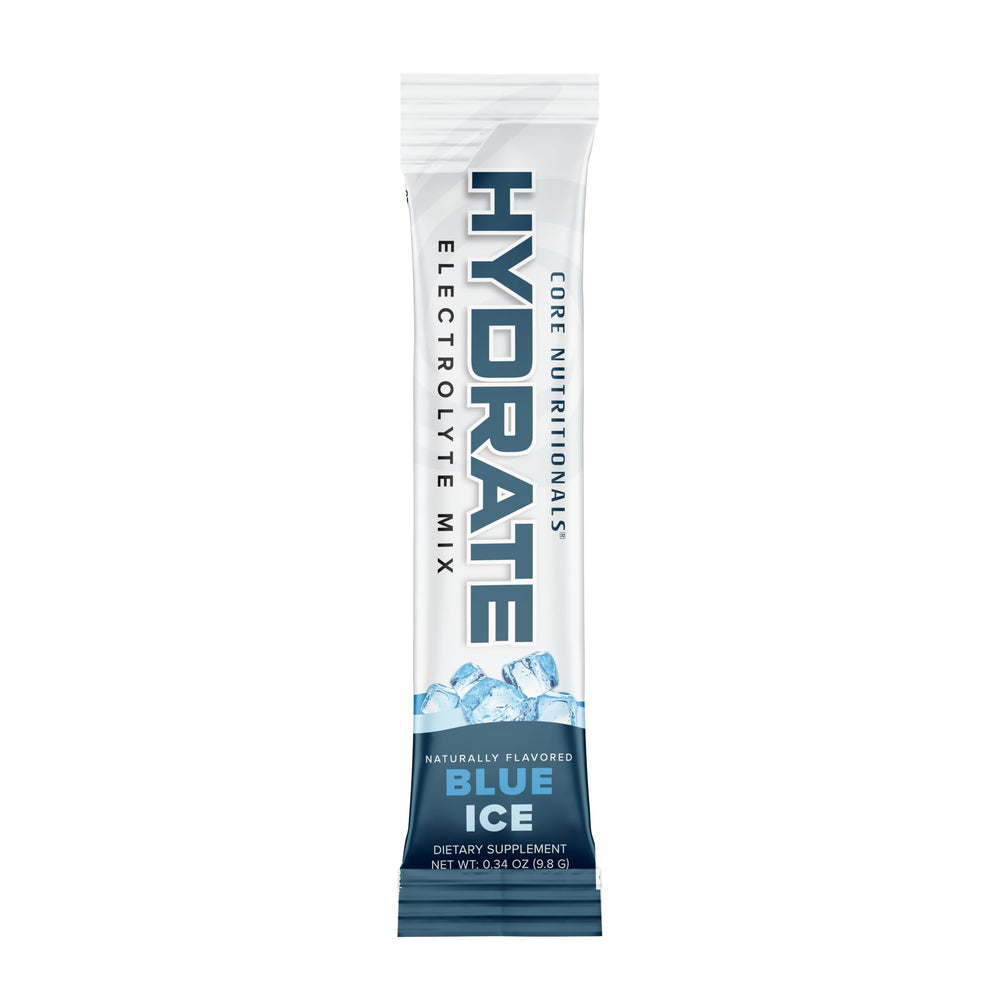 Core Nutritionals HYDRATE blue-ice pour demonstrates quick electrolyte support during training.