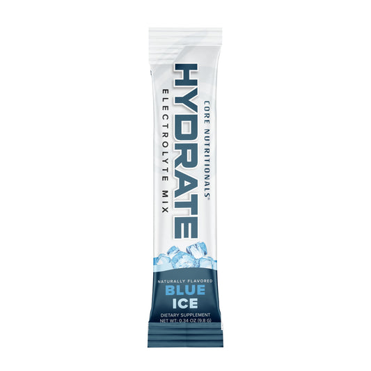 Core Nutritionals HYDRATE blue-ice pour demonstrates quick electrolyte support during training.