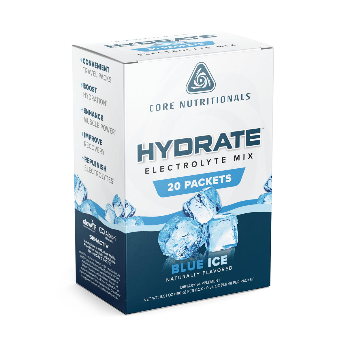 Core Nutritionals HYDRATE blue-ice stick pack for on-the-go hydration during workouts.