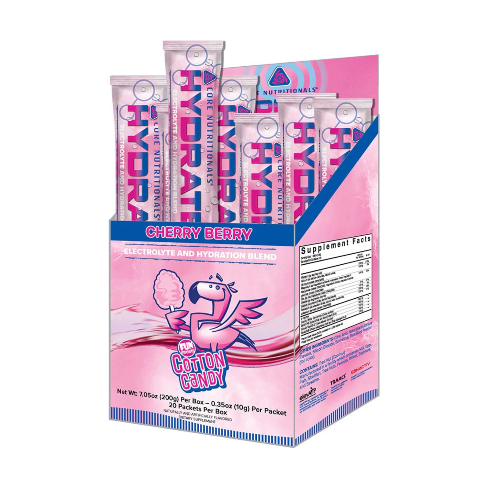 Core Nutritionals Hydrate sticks in cherry berry for on-the-go workout hydration.