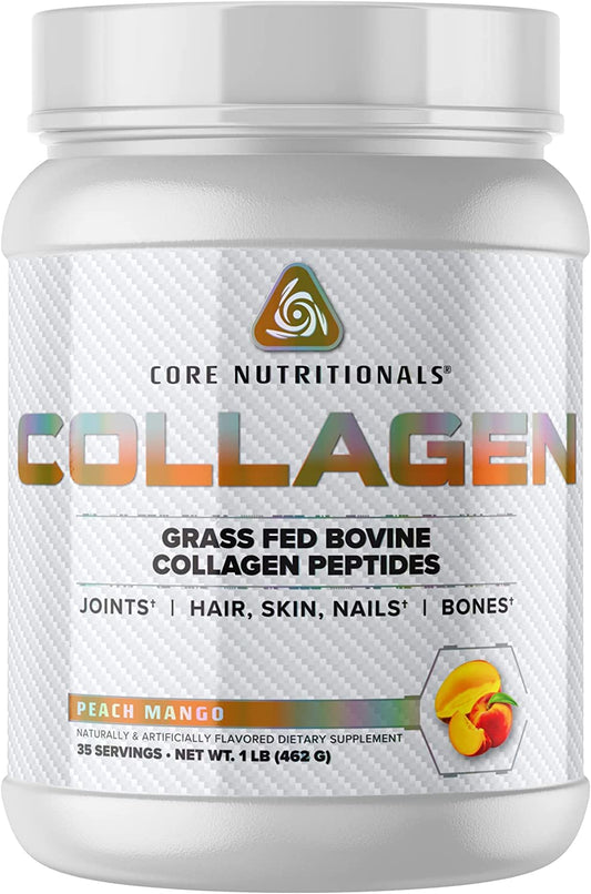 Core Nutritionals hydrolyzed collagen peptides peach mango bottle supports hair, skin and nails.