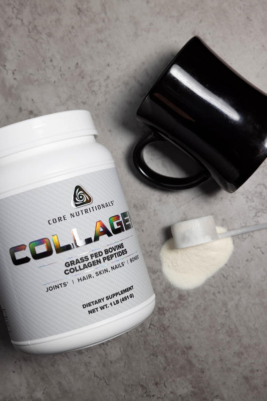 Core Nutritionals hydrolyzed collagen peptides powder being poured for easy mixing.