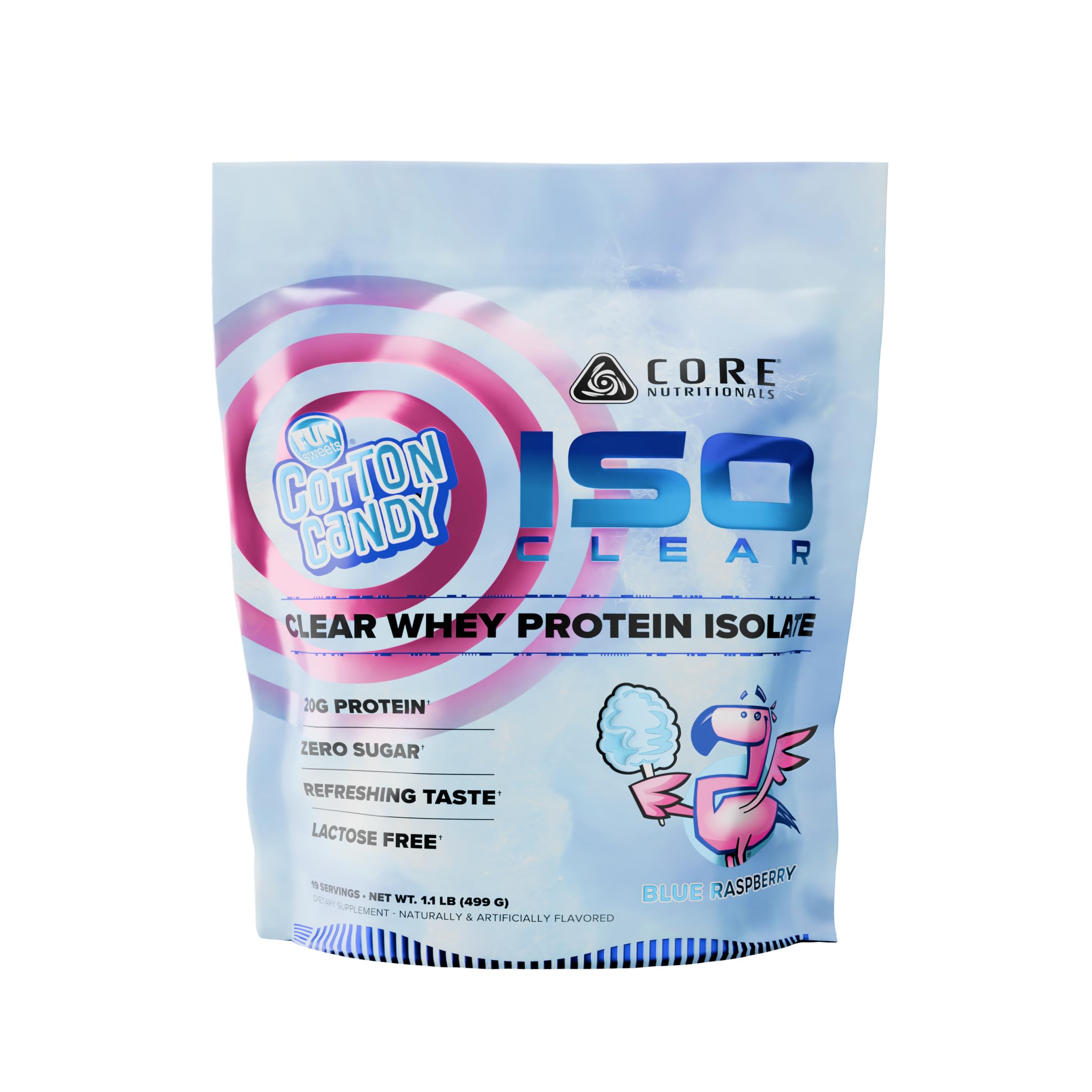 Core Nutritionals Iso Clear whey bottle highlighting lactose-free, easy digestion protein for workouts.