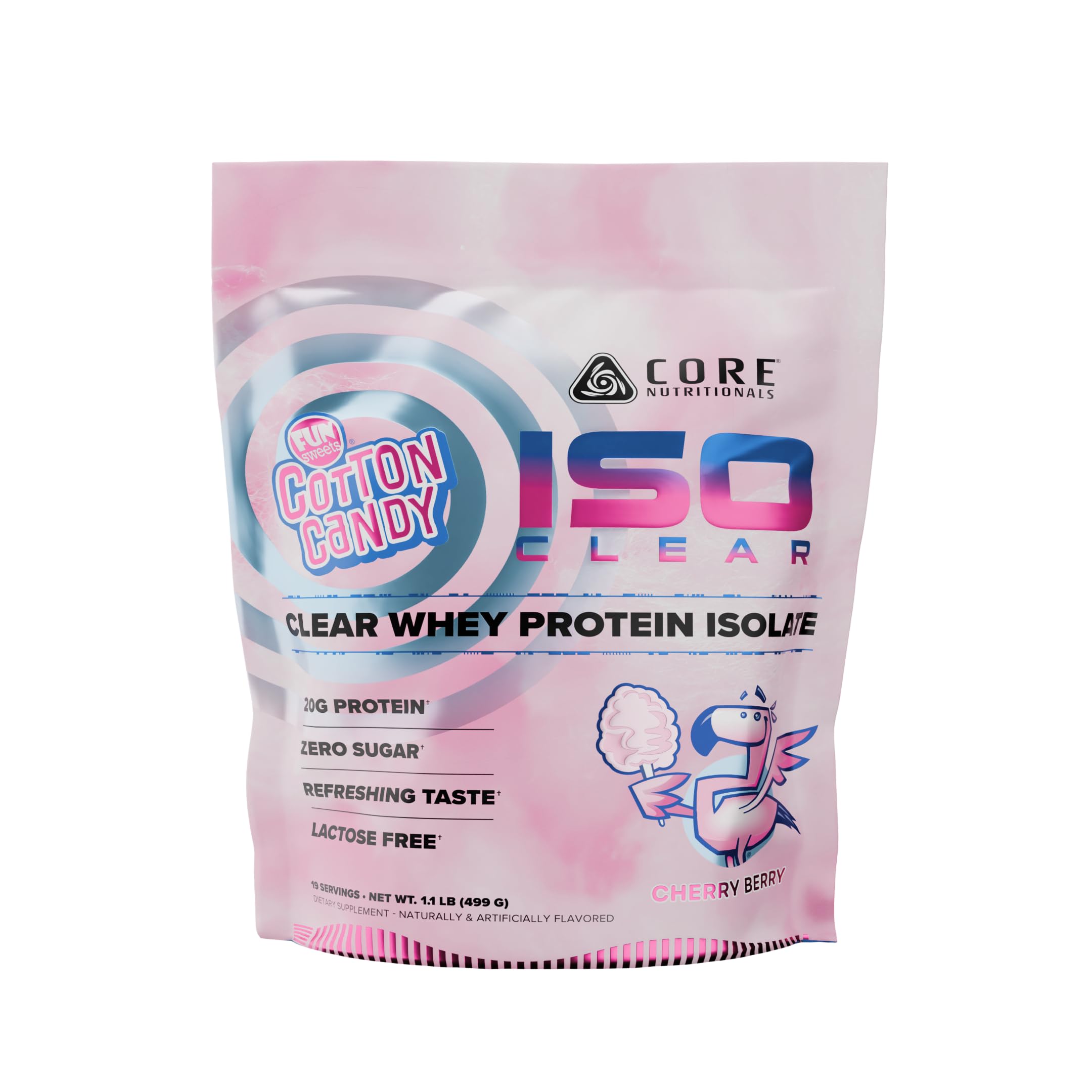 Core Nutritionals Iso Clear whey protein bottle, refreshing cherry berry flavor, low-calorie option