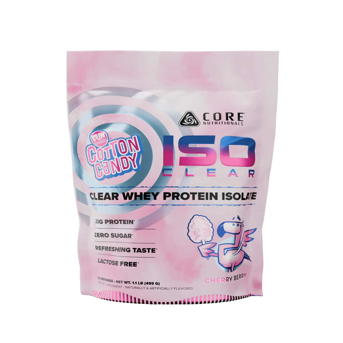 Core Nutritionals Iso Clear whey protein bottle, refreshing cherry berry flavor, low-calorie option
