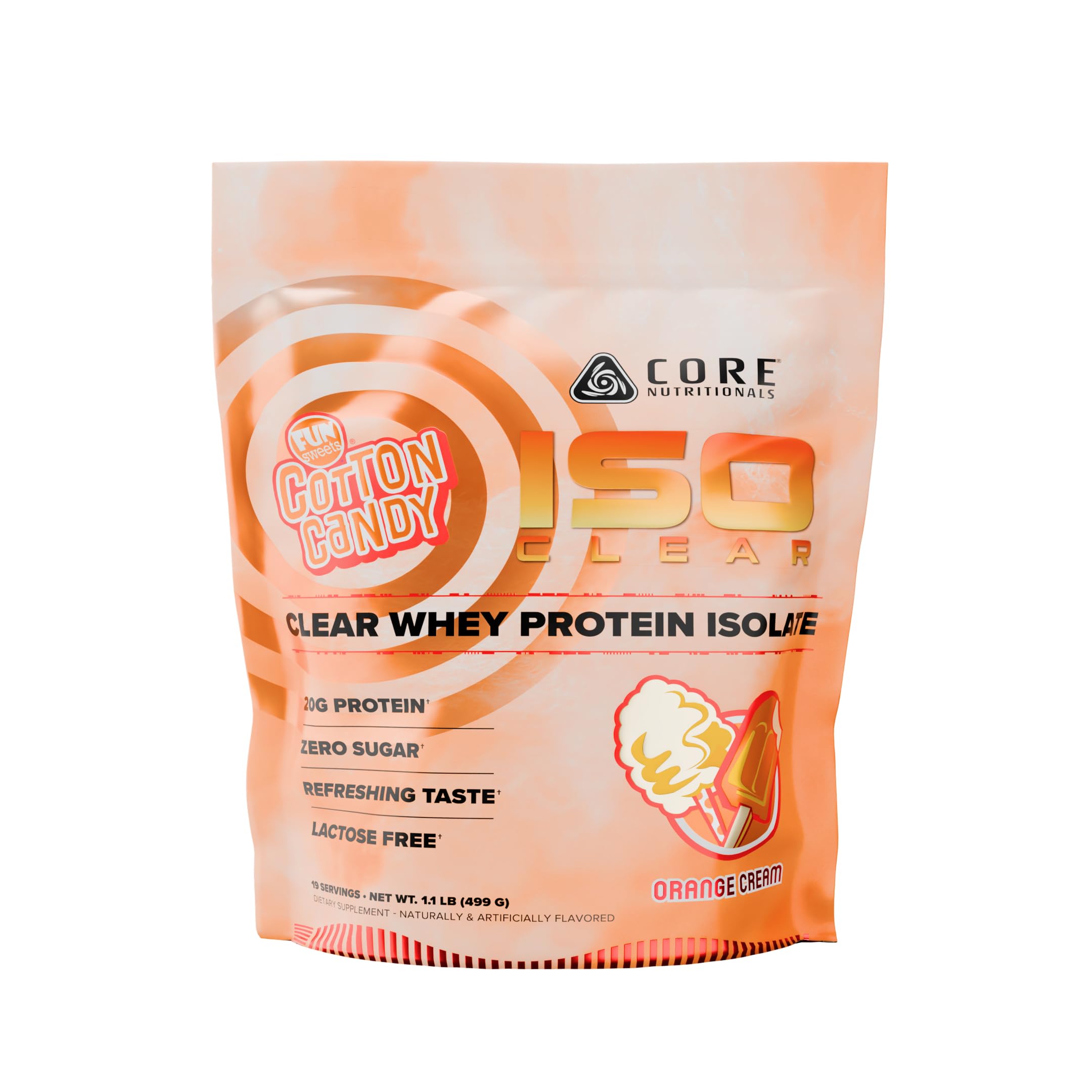 Core Nutritionals Iso Clear Whey Isolate orange cream tub shown for post-workout recovery.