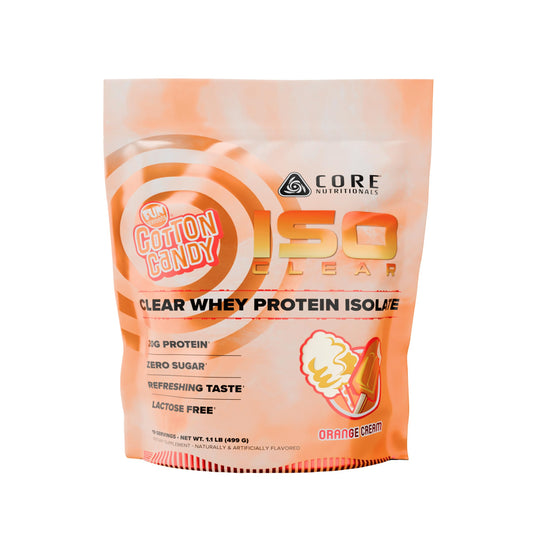 Core Nutritionals Iso Clear Whey Isolate orange cream tub shown for post-workout recovery.