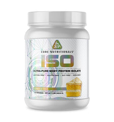 Core Nutritionals ISO Whey Vanilla Cake bottle for post-workout recovery.