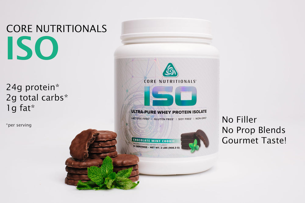 Core Nutritionals Iso Whey Chocolate Mint Cookie being poured for a smooth shake.