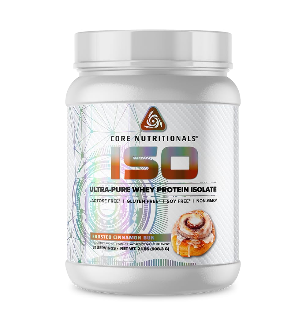 Core Nutritionals Iso Whey Protein Isolate powder in Frosted Cinnamon Bun for post-workout shakes