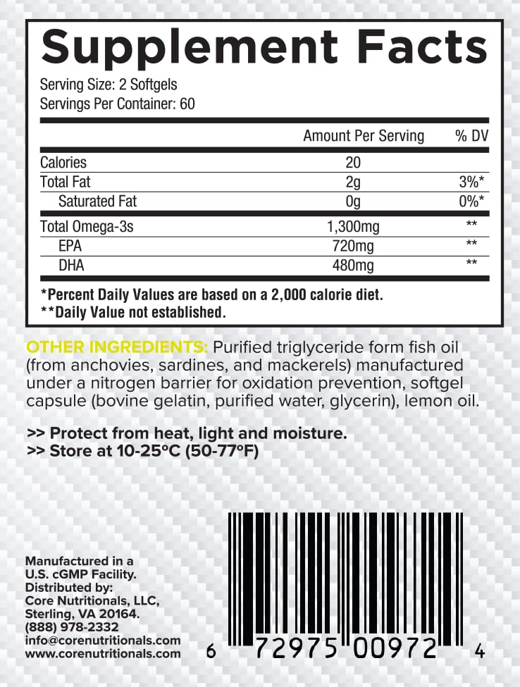 Core Nutritionals Omega High Purity Fish Oil label showing EPA and DHA details.
