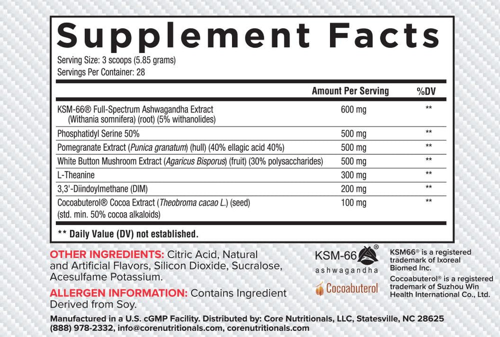 Core Nutritionals Platinum Hard label shows KSM-66 Ashwagandha for stress modulation