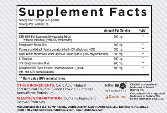 Core Nutritionals Platinum Hard label shows KSM-66 Ashwagandha for stress modulation