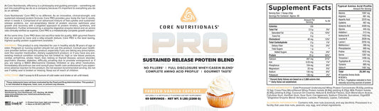 Core Nutritionals Pro Sustained Release Vanilla Cupcake scoop highlights convenient high-protein, low-carb performance.