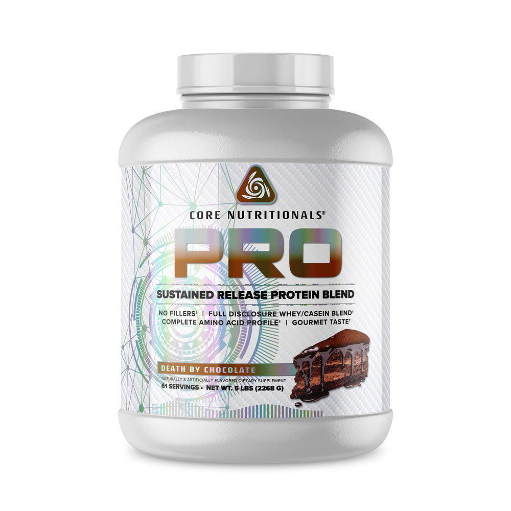 Core Nutritionals Pro Sustained Release whey bottle Death by Chocolate, rich flavor for convenient recovery nutrition.