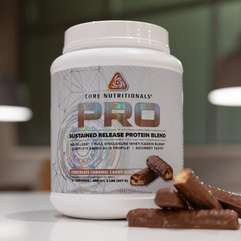 Core Nutritionals Pro Sustained Release Whey ingredients diagram highlights protein sources.