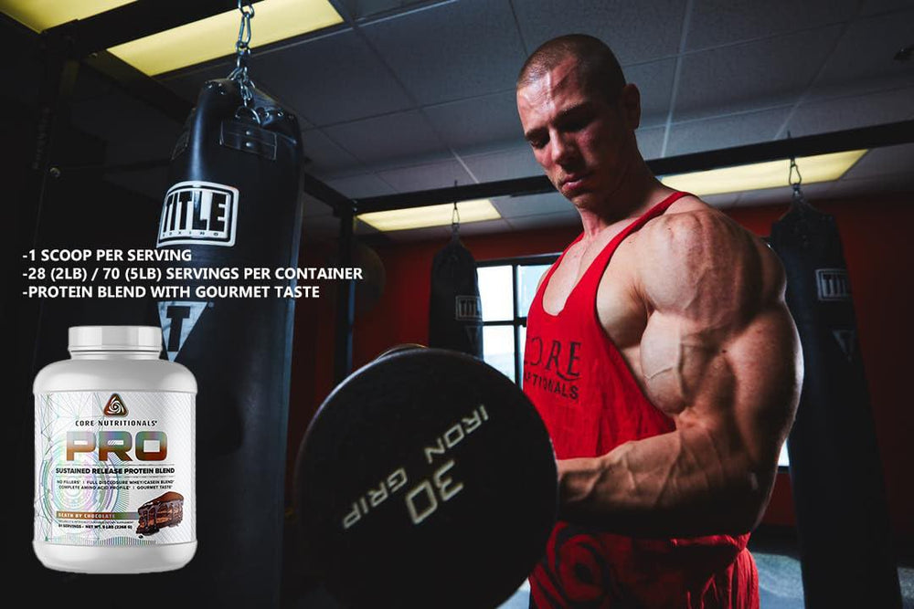 Chocolate Peanut Butter Cup flavor label on Core PRO Sustained Release protein
