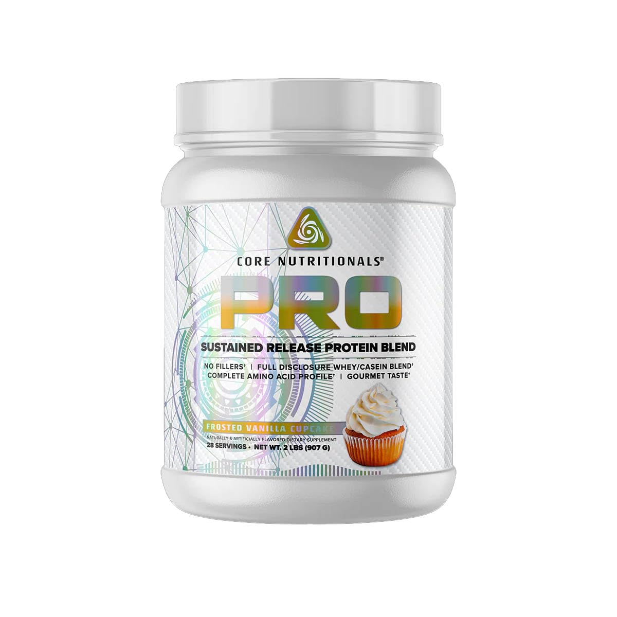 Core Nutritionals Pro Sustained Release whey tub front with Frosted Vanilla Cupcake branding