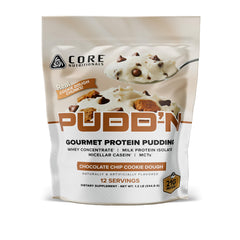 Core Nutritionals Pudd'n Cookie Dough packaging showing creamy dessert with 20g protein per serving.