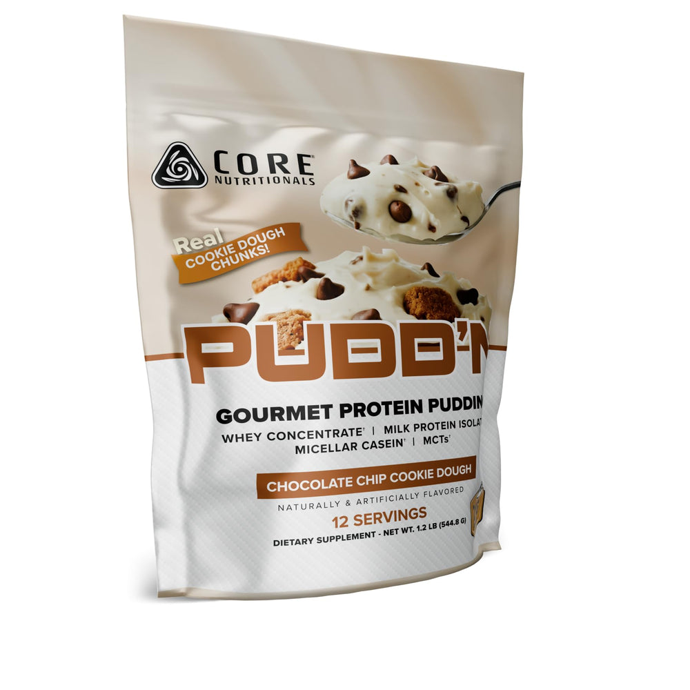 Core Nutritionals Pudd'n cookie dough dessert featuring real food inclusions for satisfying texture.