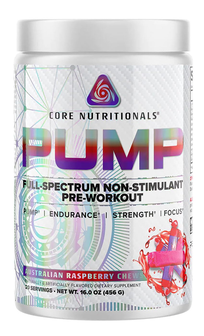 Core Nutritionals Pump Australian Raspberry Chews tub, flavor-forward pre-workout for training sessions