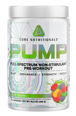 Core Nutritionals Pump bottle closeup showing full-spectrum non-stimulant pre-workout benefits.