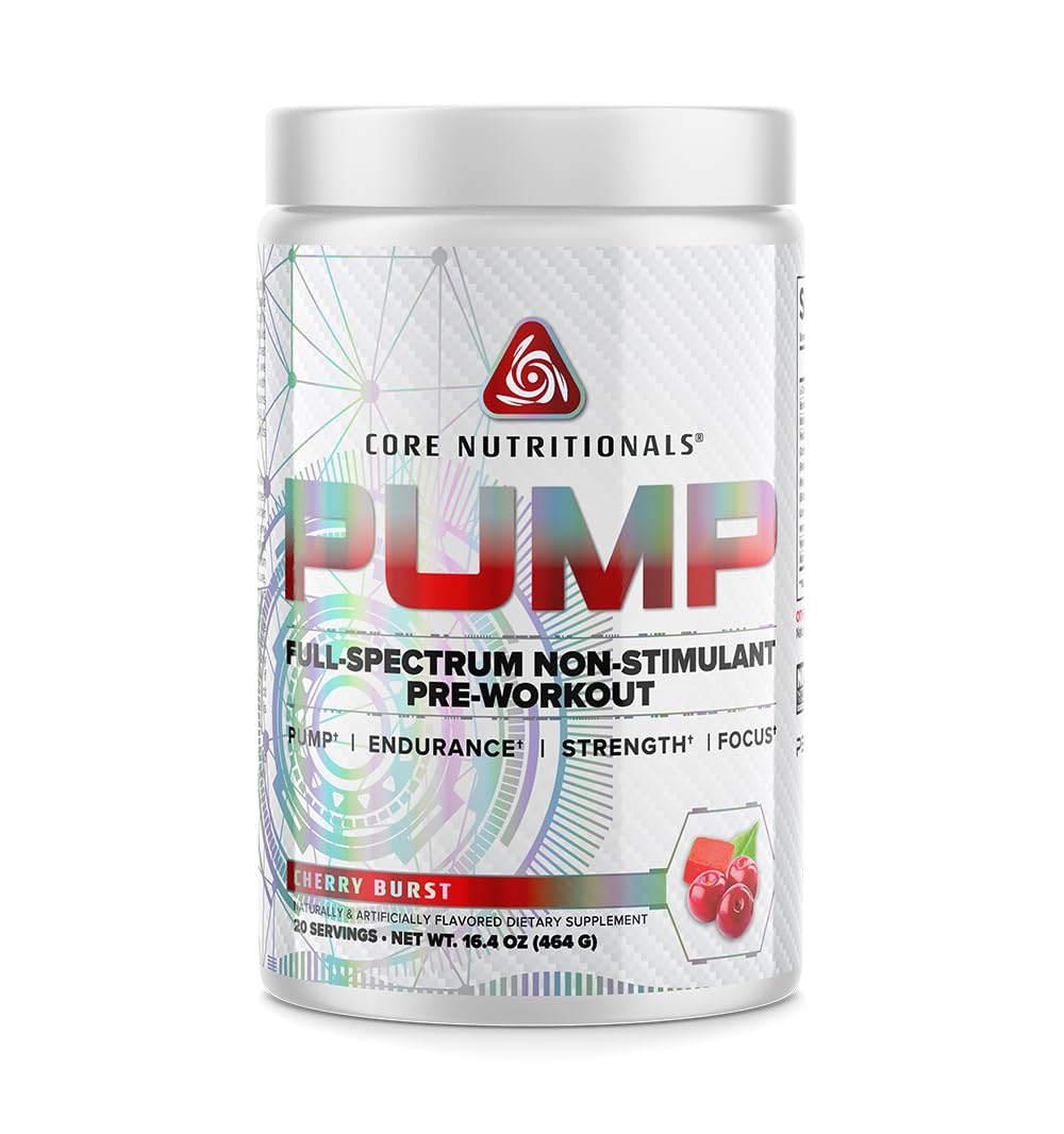 Core Nutritionals Pump Cherry Burst tub for non-stimulant pre-workout pump.