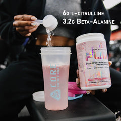 Core Nutritionals Pump Sour Candy flavor label on tub for flavorful workouts.