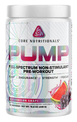 Core Nutritionals Pump Watermelon Grape tub showcases the flavorful pre workout formula for a refreshing session.
