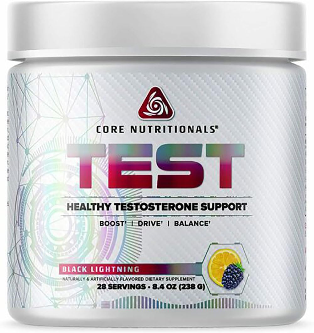 Core Nutritionals Test Vitality bottle front label highlights testosterone support and energy.