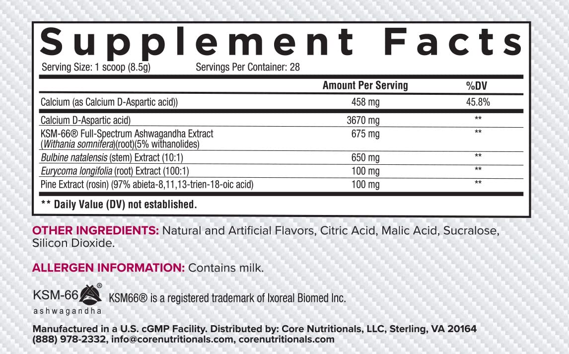 Core Nutritionals Test Vitality package highlights ashwagandha and calcium DAA.
