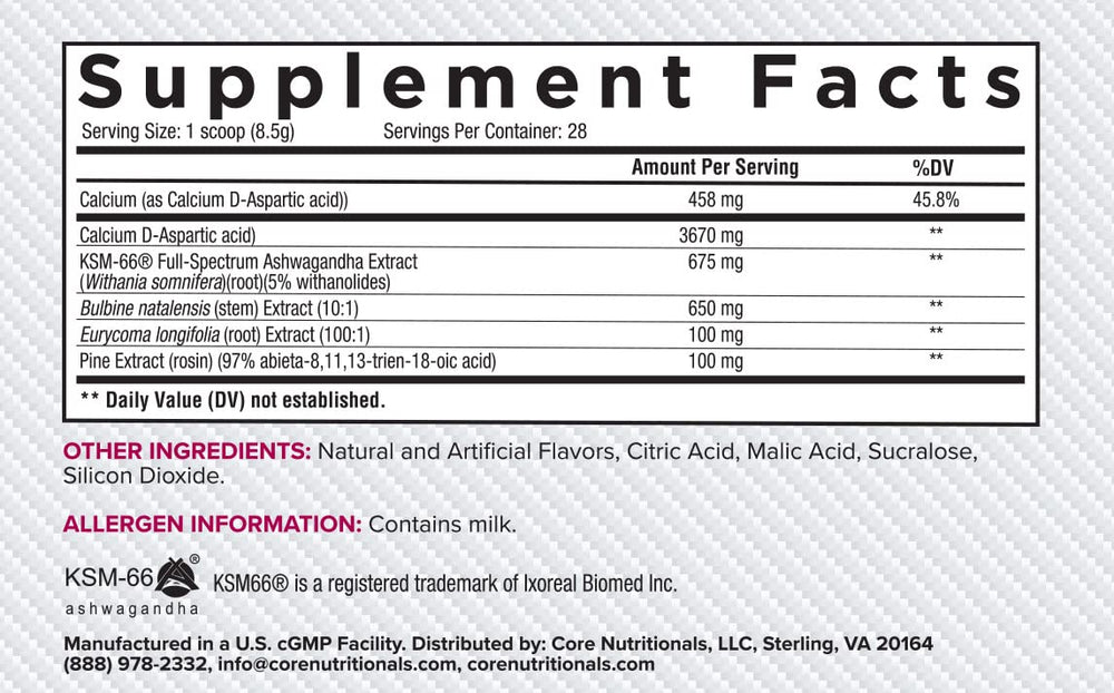 Core Nutritionals Test Vitality package highlights ashwagandha and calcium DAA.