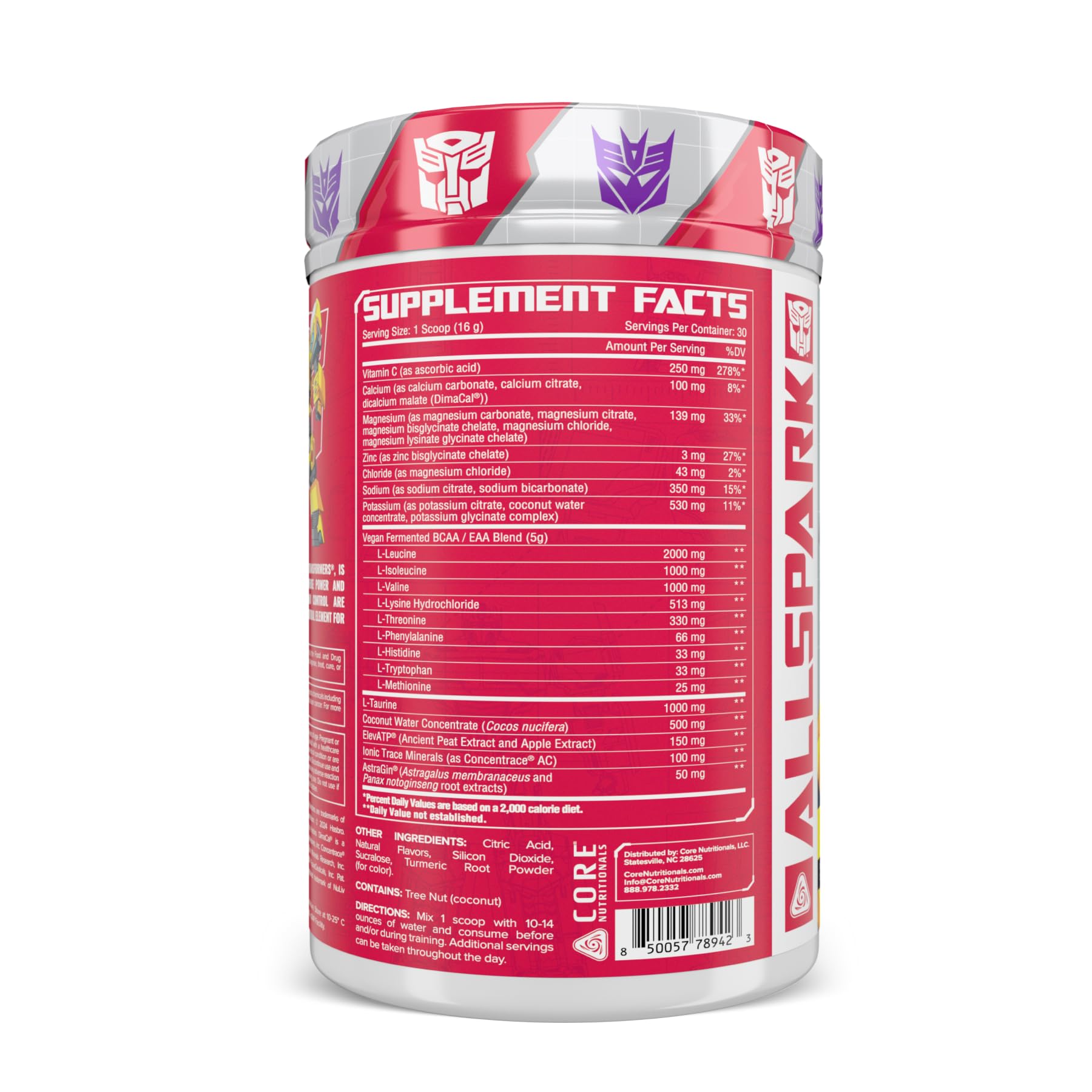 Core Nutritionals Allspark label close-up highlighting electrolytes and EAA blend.