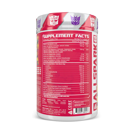 Core Nutritionals Allspark label close-up highlighting electrolytes and EAA blend.