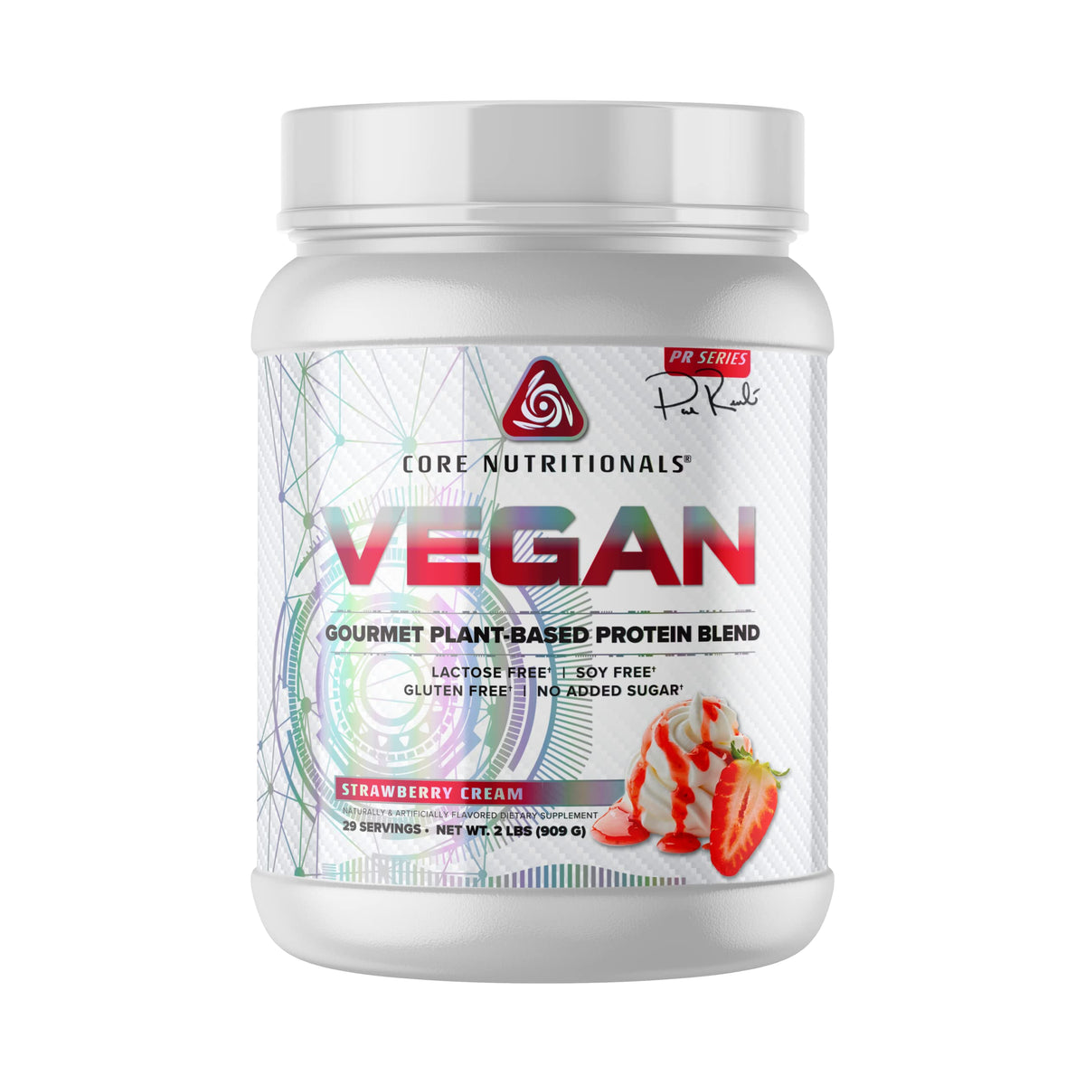 Core Nutritionals Vegan Gourmet Strawberry Cream protein powder for smooth plant-based recovery.