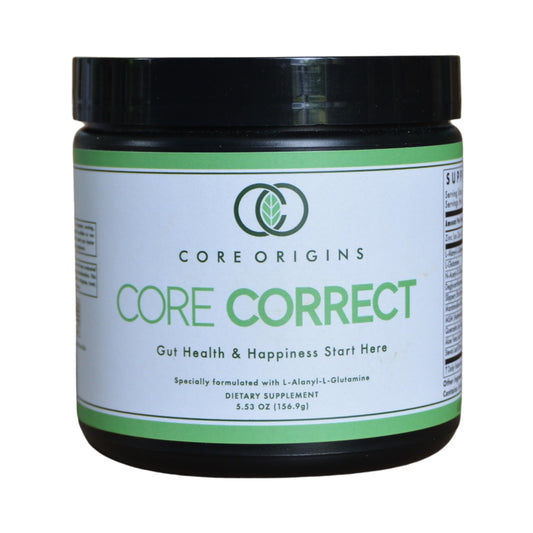 Core Origins Core Correct powder tin for easy daily gut support.