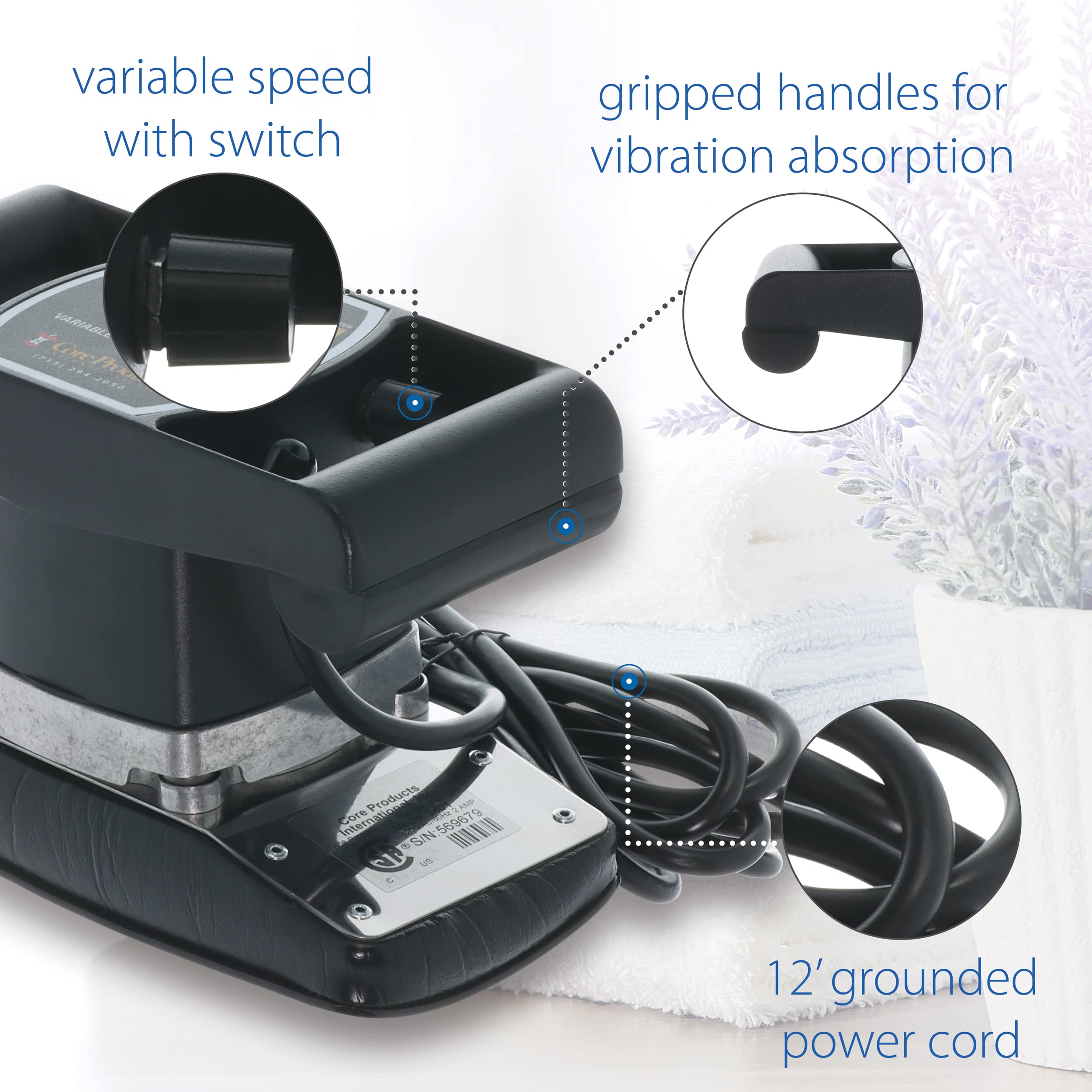 Variable-speed control on Jeanie Rub massager for personalized intensity.