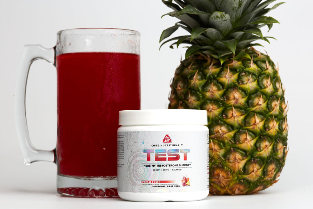 Core TEST ingredient label highlights KSM-66 Ashwagandha and Calcium D-DAA for stress balance